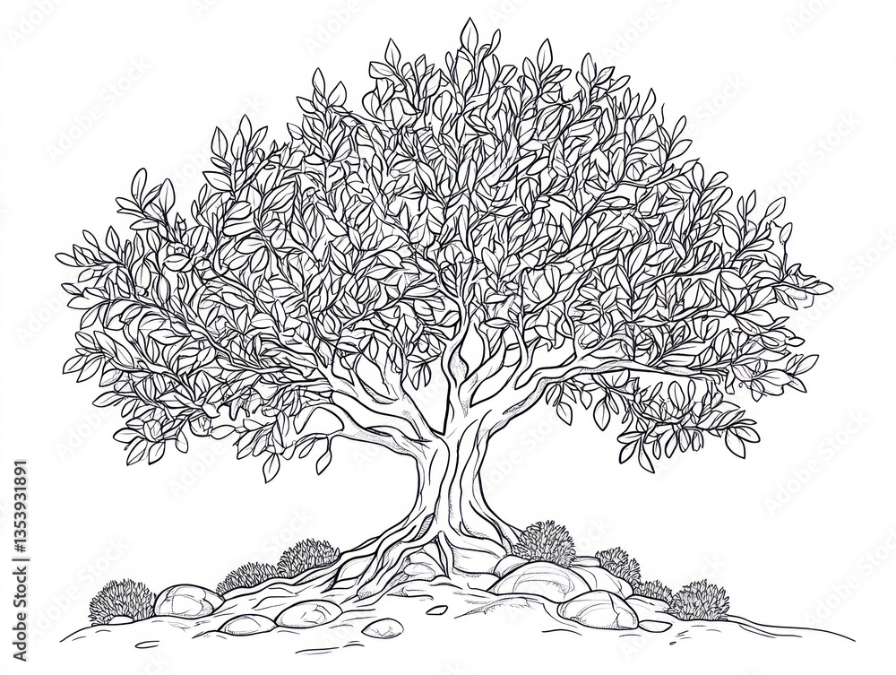Fototapeta premium Detailed line drawing of a large, leafy tree with exposed roots nestled amongst rocks