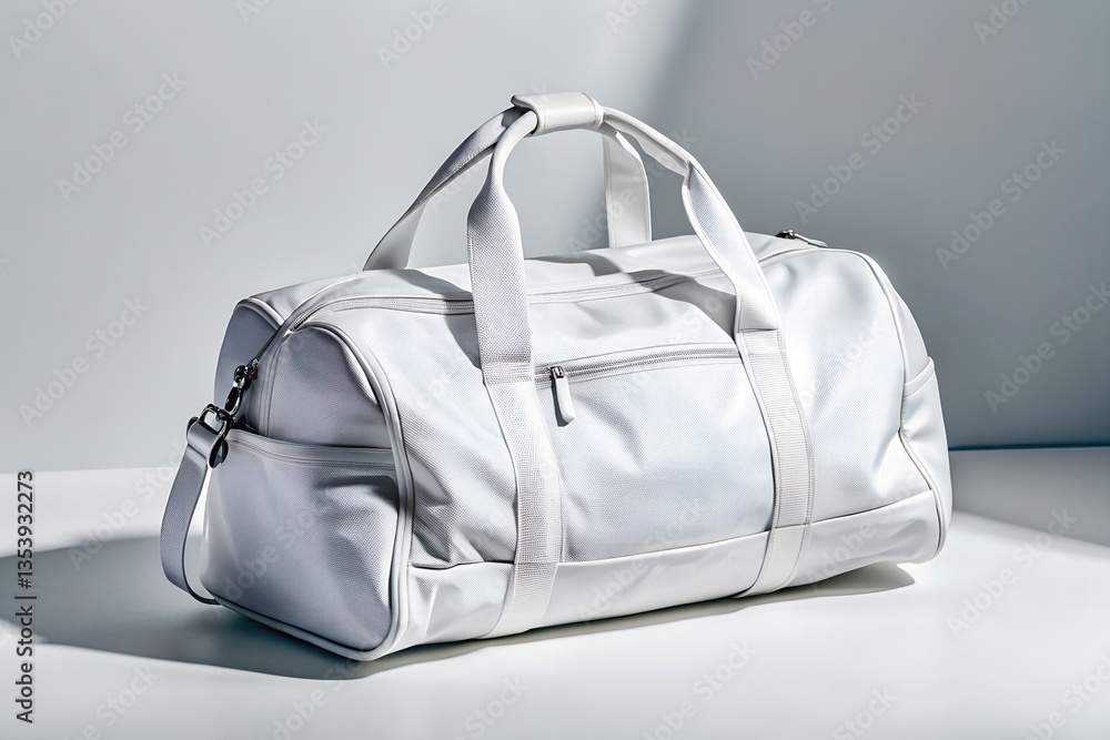 High-resolution white duffel bag mockup on bright surface. Travel or gym branding template with natural light and sharp shadows.