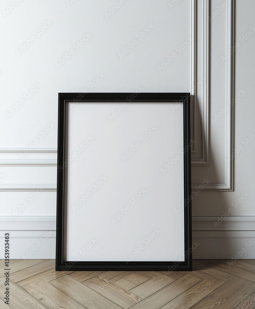 Vertical black frame mockup on classic wall paneling Vertical black frame mockup on classic wall paneling