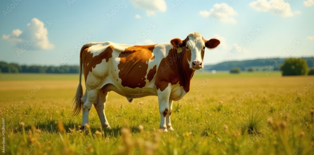 Cow standing alone in field, field, agriculture Cow standing alone in field, field, agriculture