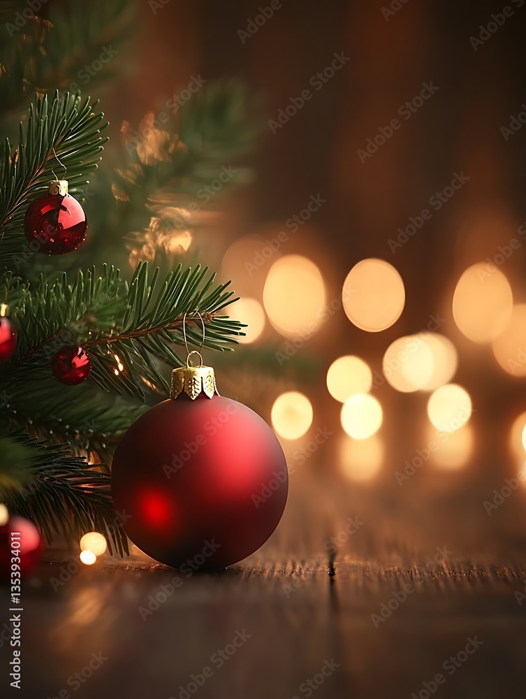A close up of a red Christmas ornament and lights A close up of a red Christmas ornament and lights