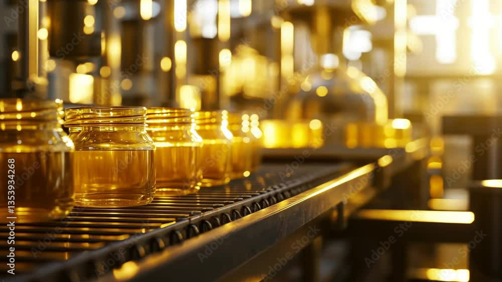 Amber Glass Jars on Conveyor Belt in Factory Amber Glass Jars on Conveyor Belt in Factory