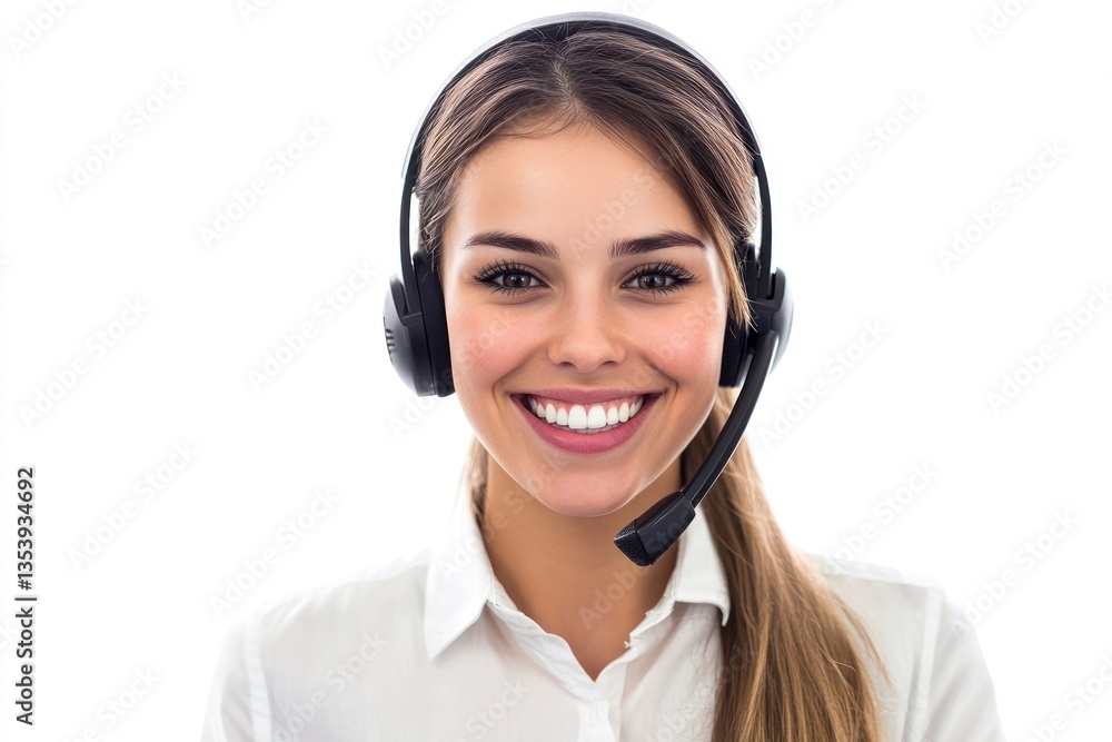Smiling Woman Wearing Headset Providing Customer Service in Bright Studio Smiling Woman Wearing Headset Providing Customer Service in Bright Studio