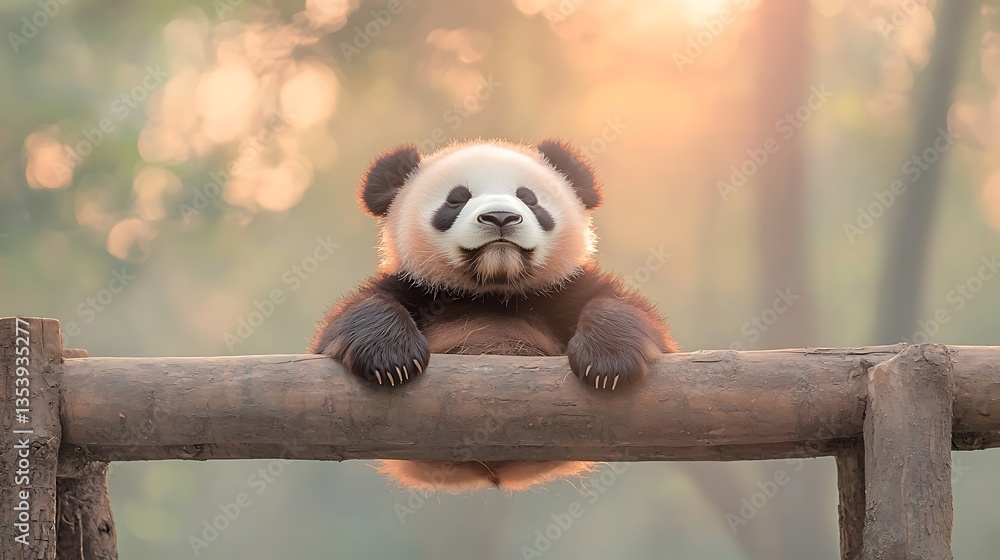 Obraz premium Happy Panda Cub with Bamboo Fence, and Sunrise.
