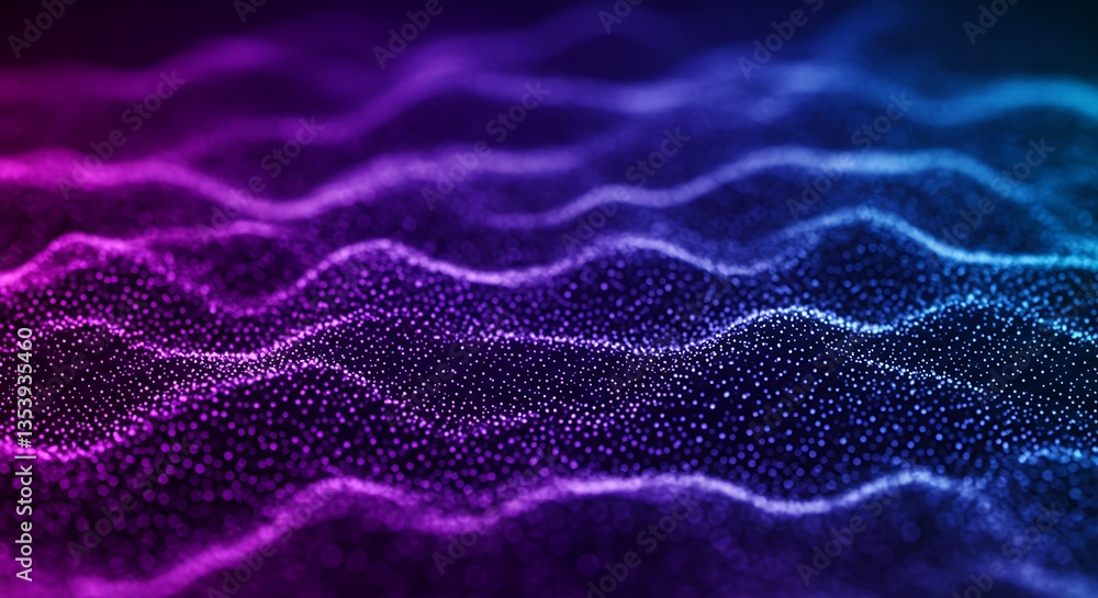 Obraz premium Abstract flowing particle wave with purple and blue gradient on a dark background design element
