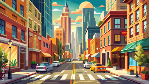 New York City street road in Manhattan at summer time. Urban big city life concept background.