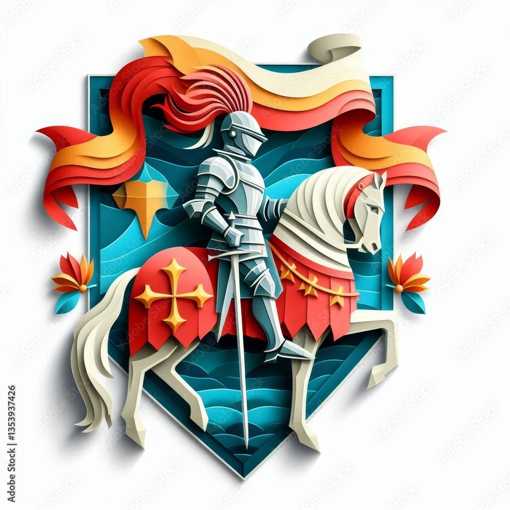 Paper Art Knight on Horseback with Banner, Vibrant Emblem Design Paper Art Knight on Horseback with Banner, Vibrant Emblem Design