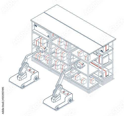 Autonomous robotic arm handling cardboard boxes in warehouse operations.