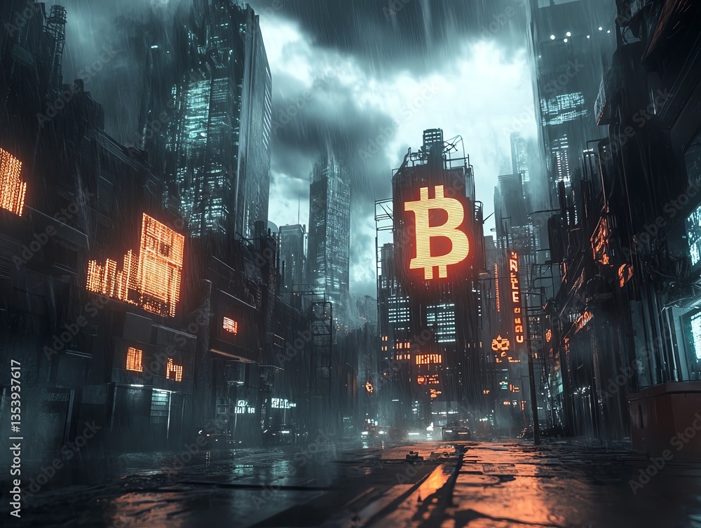 Obraz premium Futuristic cityscape with digital currencies.