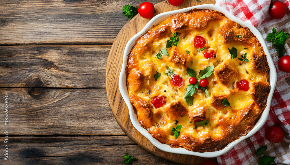 Delicious bread pudding made from baking on wooden table, top view Delicious bread pudding made from baking on wooden table, top view