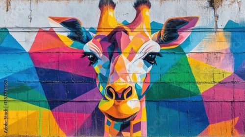 Wallpaper Mural A colorful mural on a brick wall depicts a vibrant, geometric giraffe. Torontodigital.ca