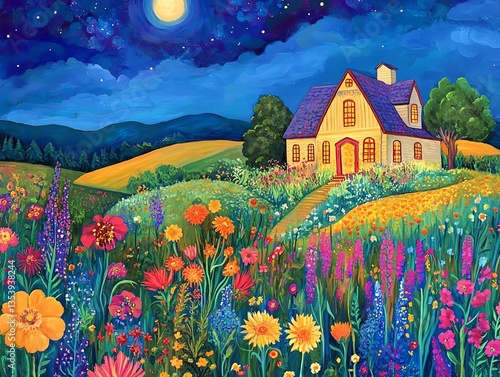 Colorful flowers with a vibrant starry night.
