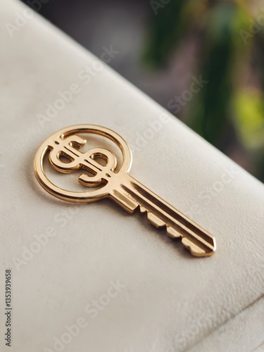 Close-up of a key with a dollar sign head resting on a white surface. The key appears to be gold and is centered in the frame.