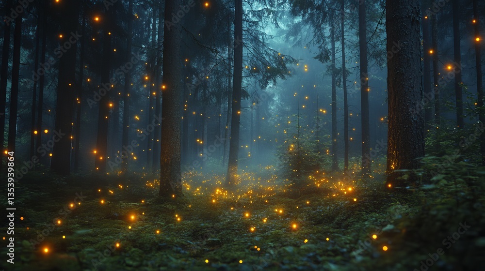 Enchanting Forest Illuminated by Glowing Fireflies Creating a Magical Atmosphere at Dusk Enchanting Forest Illuminated by Glowing Fireflies Creating a Magical Atmosphere at Dusk