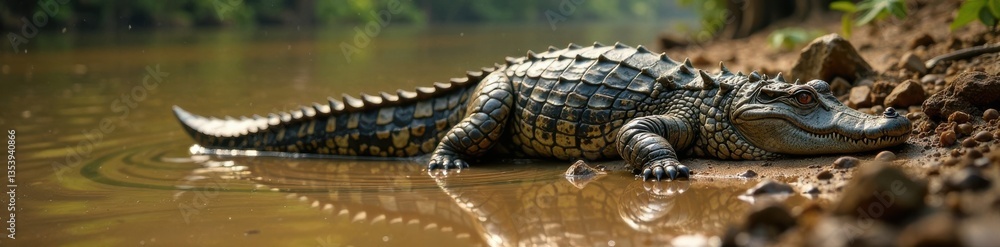 Fototapeta premium Crocodile foot print on muddy riverbank, crocodile, swamp