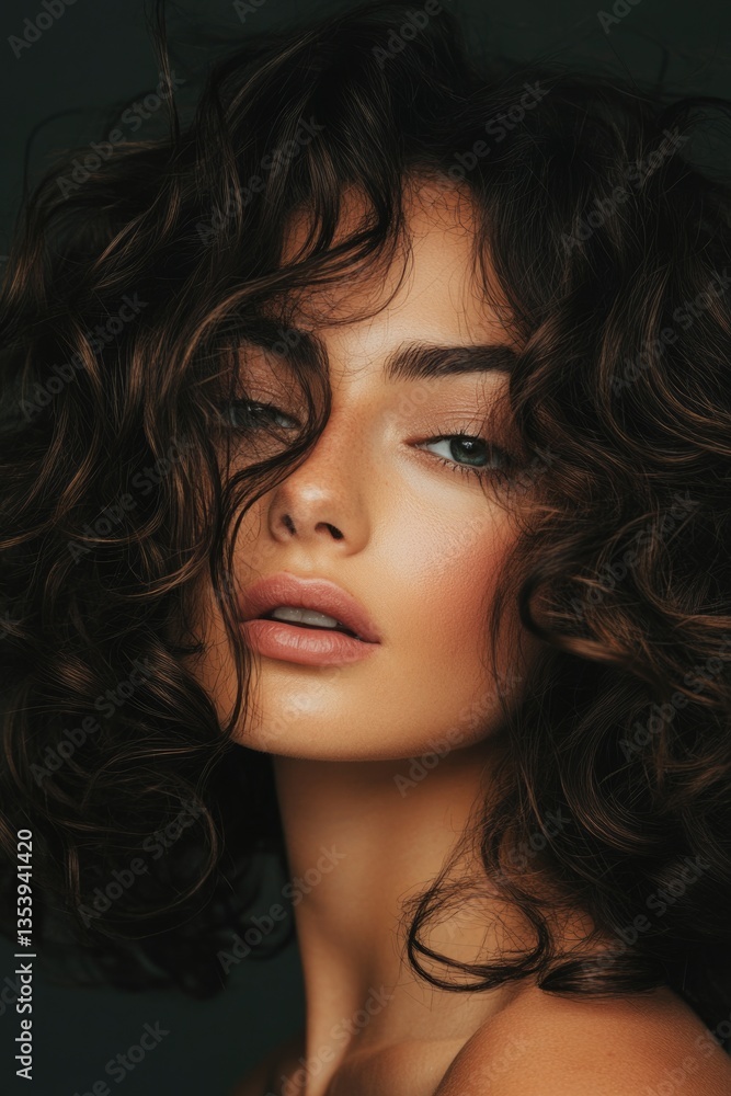 A close-up view of a woman's face with curly hair, ideal for use in beauty or lifestyle content A close-up view of a woman's face with curly hair, ideal for use in beauty or lifestyle content