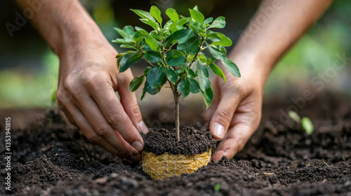 close up of hands carefully planting small tree in rich soil, showcasing nurturing process of growth and environmental care. This evokes sense of responsibility towards nature