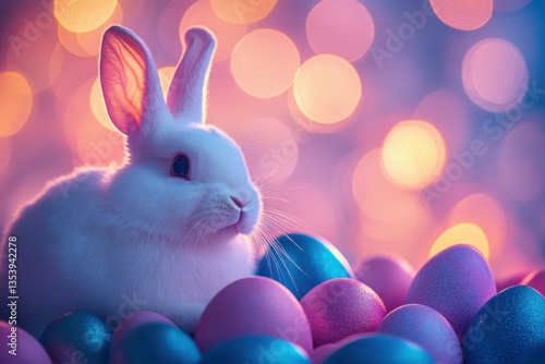Happy Easter Sunday background, A soft white bunny peeking from behind stacked glowing Easter eggs, with a dreamy navy blue & magenta pink illuminated background. Cozy warmth