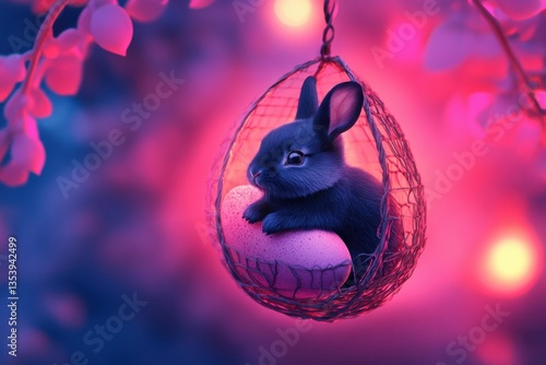Happy Easter Sunday background, A tiny black rabbit inside a floating lantern-like egg, glowing softly in the air, with a deep indigo & neon pink vibrant background. Magical mystery