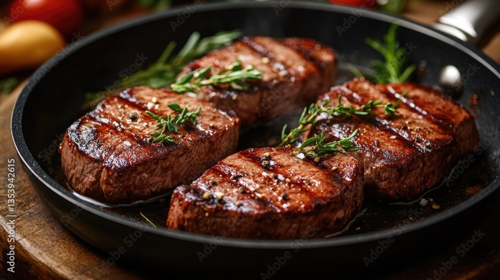 Three cooked steaks on a wooden cutting board, ready to be served Three cooked steaks on a wooden cutting board, ready to be served