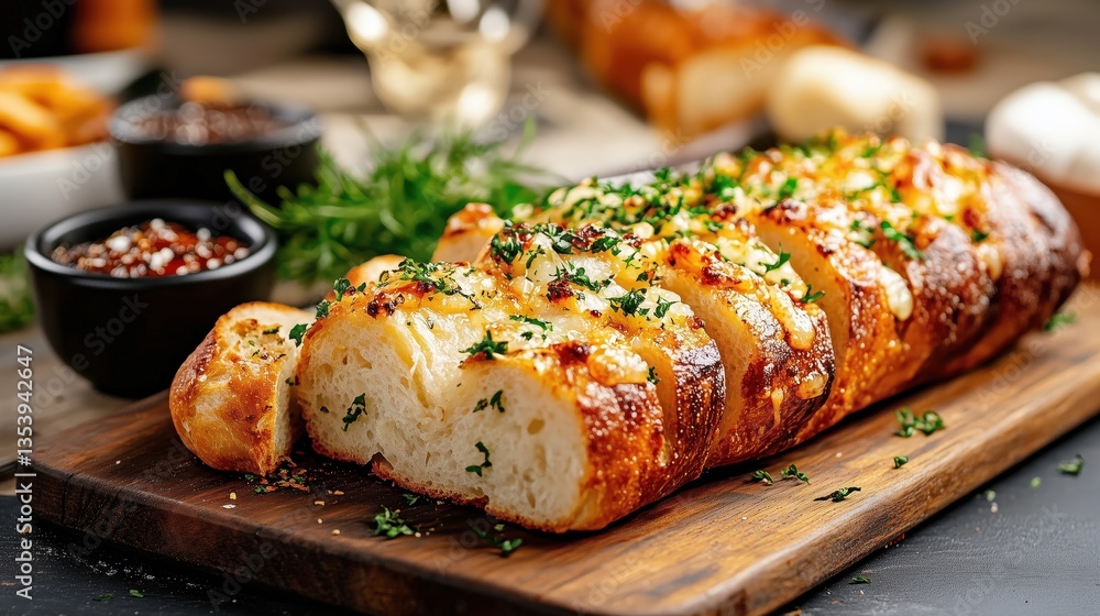 Sliced garlic bread with cheese and herbs on wooden cutting board Sliced garlic bread with cheese and herbs on wooden cutting board