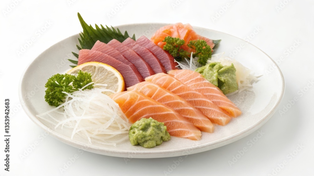 Sashimi platter featuring salmon, tuna, and garnishes on a decorative plate. Sashimi platter featuring salmon, tuna, and garnishes on a decorative plate.