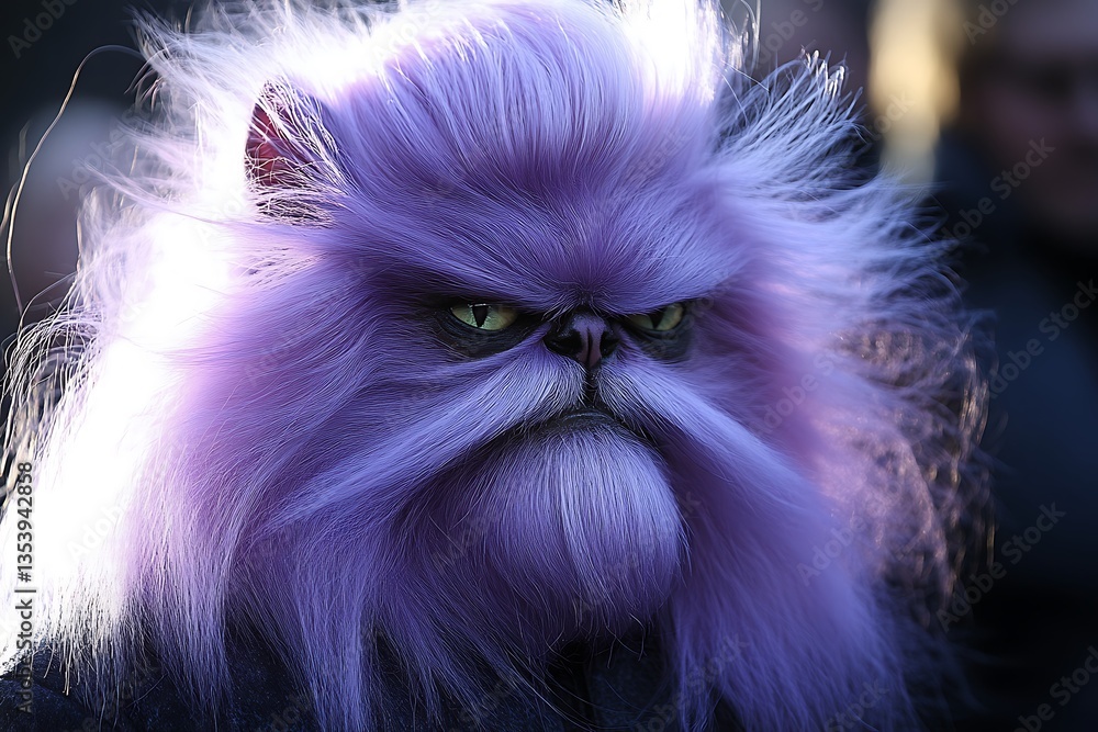 An expressive fluffy purple cat is giving a serious look An expressive fluffy purple cat is giving a serious look