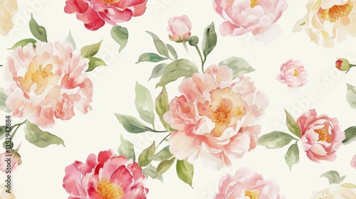 Wallpaper Mural A seamless floral pattern with watercolor peonies, soft pastel leaves, and an elegant botanical frame.

 Torontodigital.ca