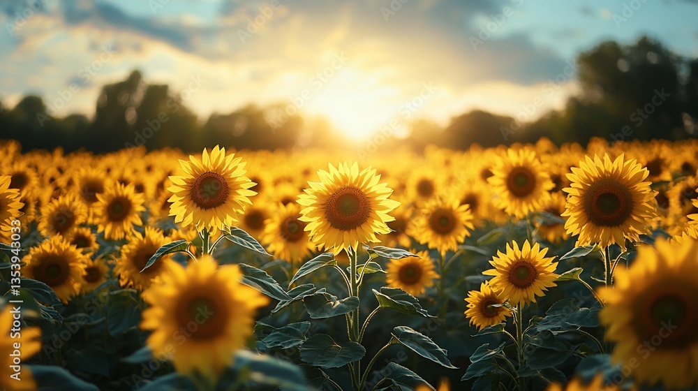 Fototapeta premium Sunlit sunflower field at sunset.