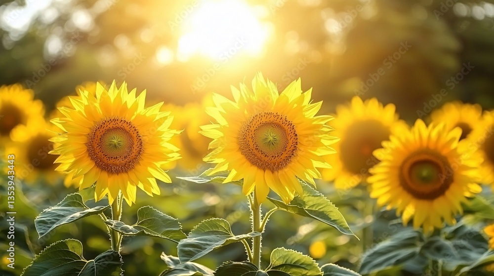 Obraz premium Sunlit sunflowers in a vibrant field at sunset.