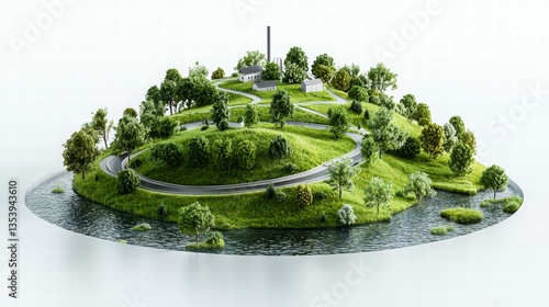 Miniature Green Island Model with Winding Roads and Lush Vegetation
