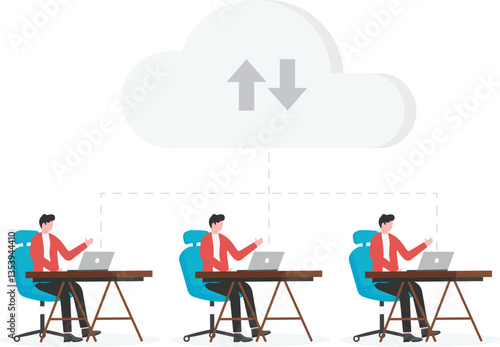 People with gadgets, laptop, keep file in cloud storage service.

