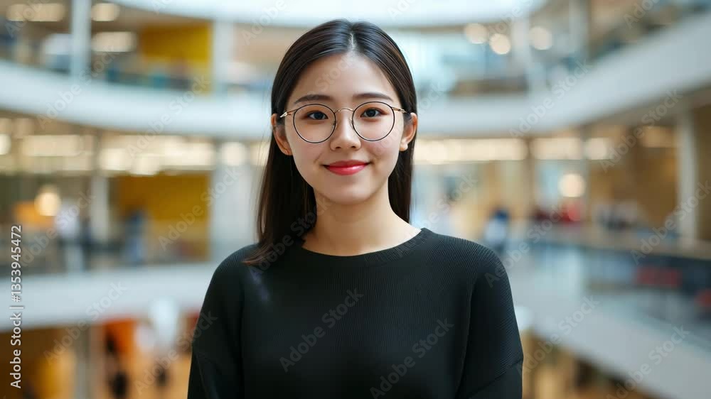 A woman in glasses smiles in a contemporary educational setting filled with people and open spaces during daytime A woman in glasses smiles in a contemporary educational setting filled with people and open spaces during daytime