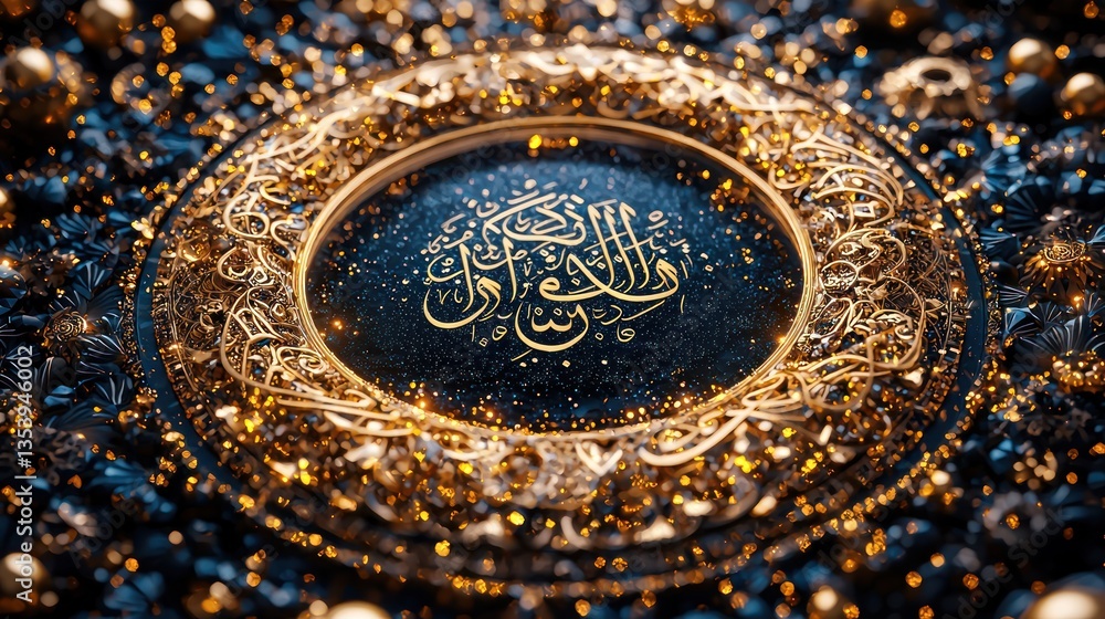 Obraz premium Golden Arabic calligraphy art, ornate frame, dark background, festive design, ideal for religious celebrations