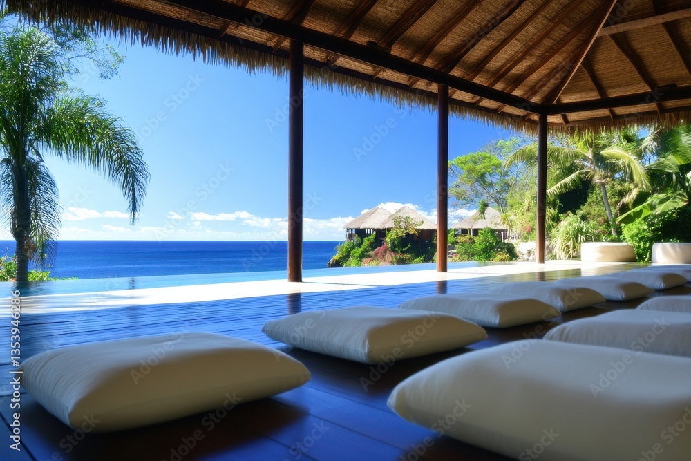 Fototapeta premium Tranquil Remote Island Wellness Retreat Featuring Serene Overwater Bungalows for Ultimate Relaxation