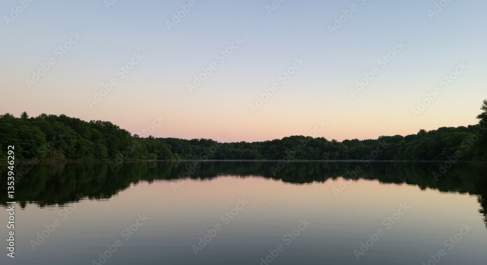 Tranquil Twilight Reflections: A Serene Lake Surrounded by Lush Greenery Under a Soft Sky Tranquil Twilight Reflections: A Serene Lake Surrounded by Lush Greenery Under a Soft Sky
