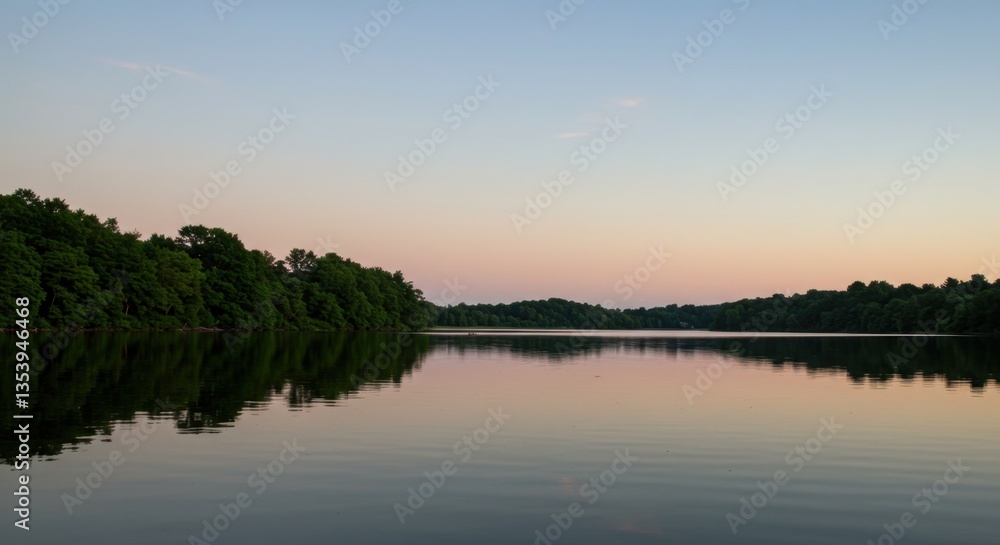 Serene Sunset Reflected on a Tranquil Lake Surrounded by Lush Greenery in a Peaceful Setting Serene Sunset Reflected on a Tranquil Lake Surrounded by Lush Greenery in a Peaceful Setting