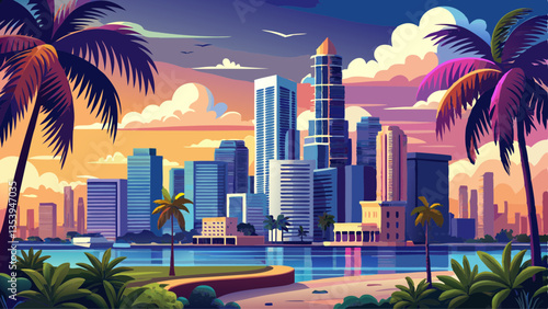 High-rises crowd the downtown Miami skyline along waterfront seen through palm tress in South Florida, United States