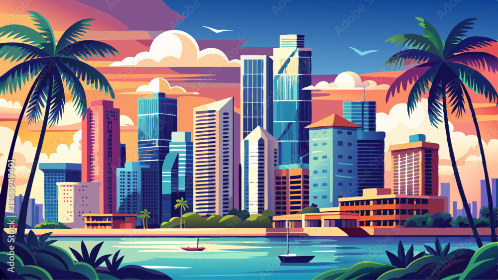 Obraz premium High-rises crowd the downtown Miami skyline along waterfront seen through palm tress in South Florida, United States