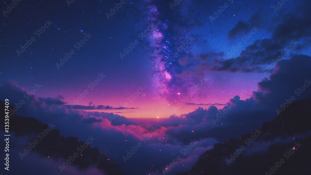 Fototapeta premium A mesmerizing night sky with the Milky Way shining above the horizon, surrounded by clouds and illuminated by a stunning sunset. Perfect for astrophotography, travel, and dreamlike landscapes