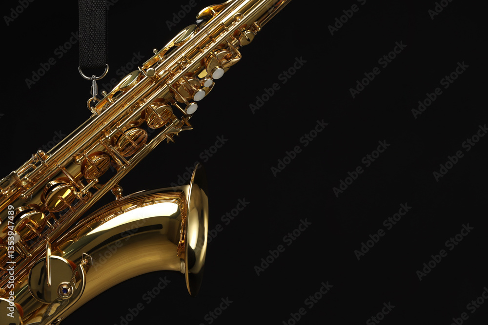 Fototapeta premium Jazz. One beautiful saxophone hanging from strap on black background, closeup. Space for text