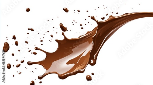 Dynamic chocolate splash with realistic fluid motion, isolated on a white background. Vector illustration in a flat design style, ideal for food packaging, branding, and advertising.
