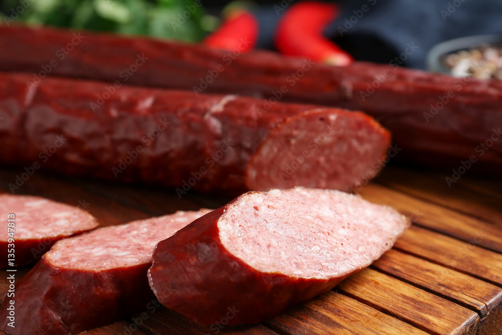 Delicious thin smoked sausage on table, closeup Delicious thin smoked sausage on table, closeup