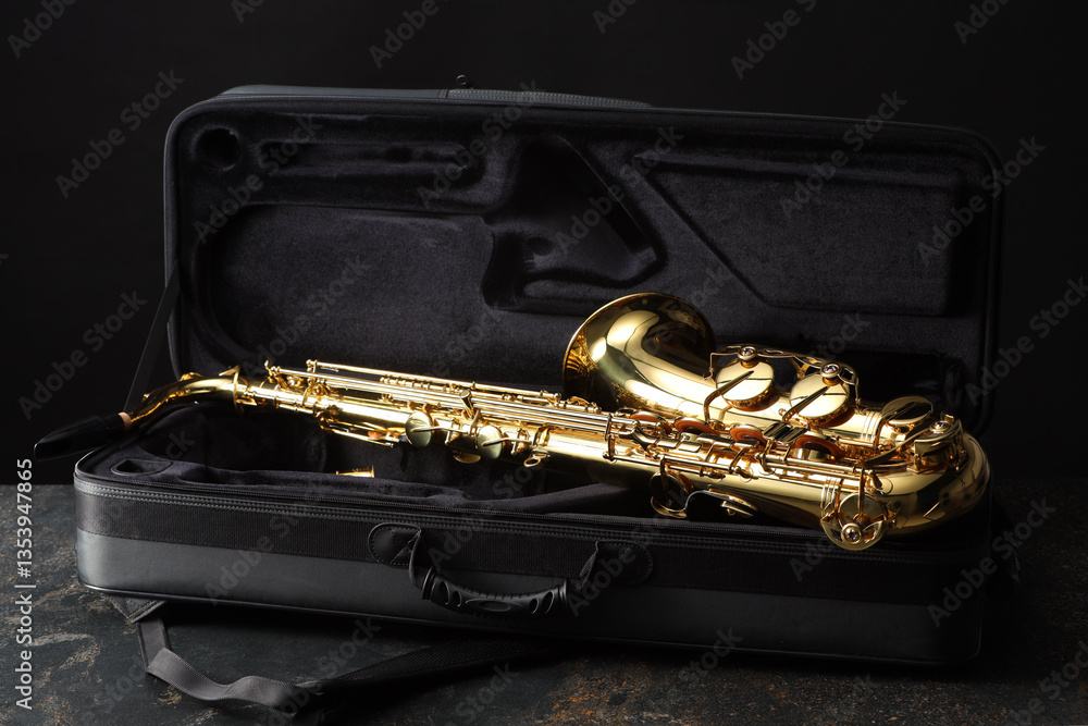 Naklejka premium Jazz. Golden saxophone in case on black textured table
