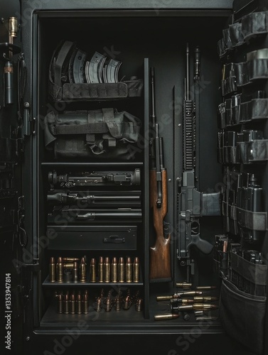 A gun and rifle stored safely in a cabinet, with locking mechanism