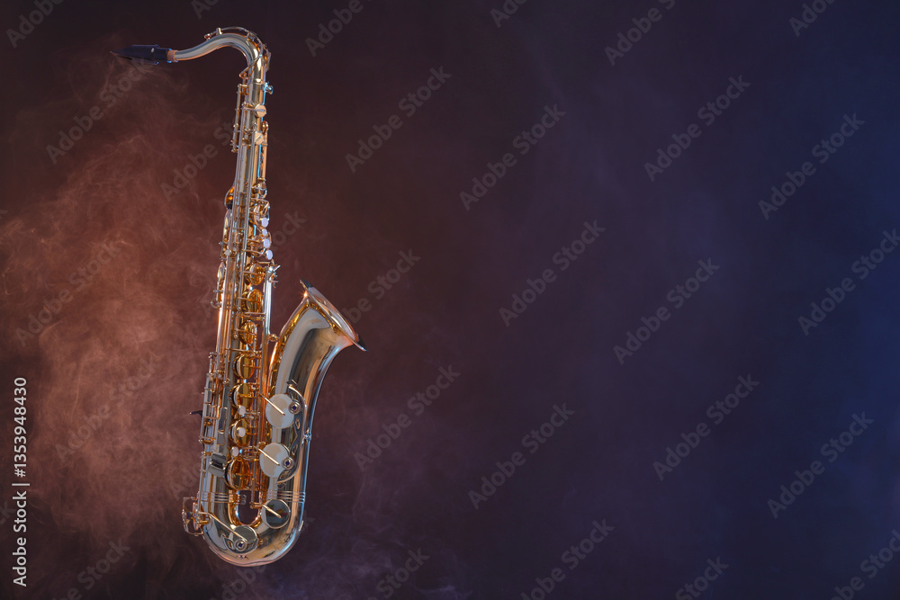 Fototapeta premium Golden saxophone on dark background with smoke. Space for text