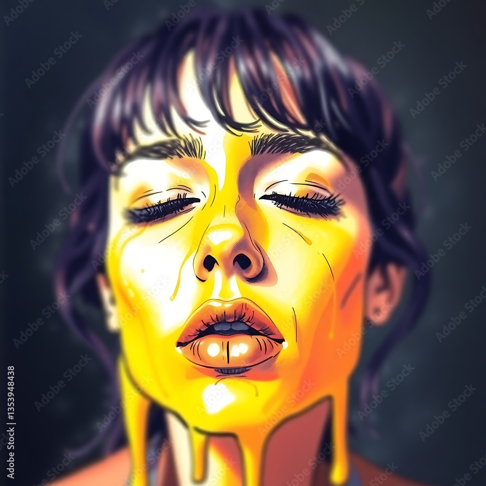 Woman's face covered in dripping golden liquid. Woman's face covered in dripping golden liquid.