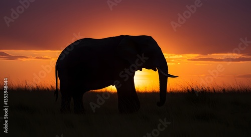 Elephant Silhouette Walking in African Savanna Against Dramatic Orange Sunset