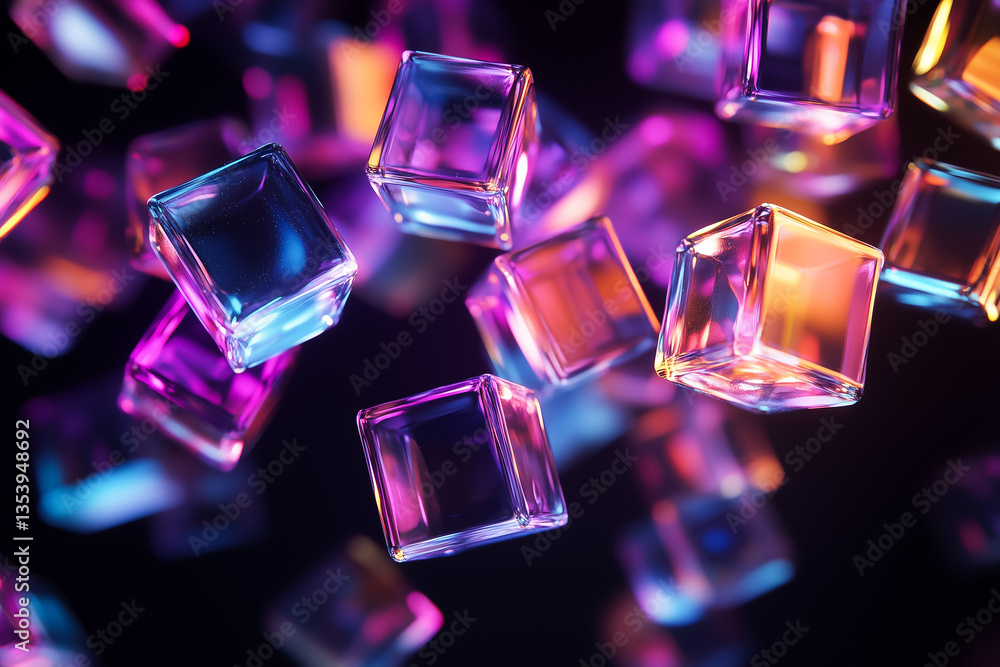 Colorful Glass Blocks Floating In A Dark Atmosphere With Soft Glowing Light Colorful Glass Blocks Floating In A Dark Atmosphere With Soft Glowing Light
