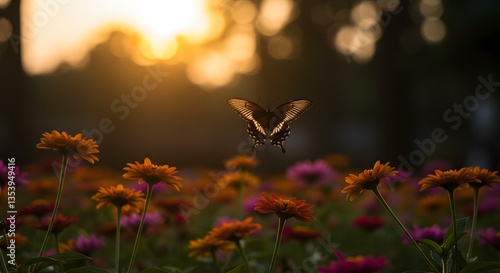 Butterfly Flying Over Flowers During Golden Hour Sunset in Garden